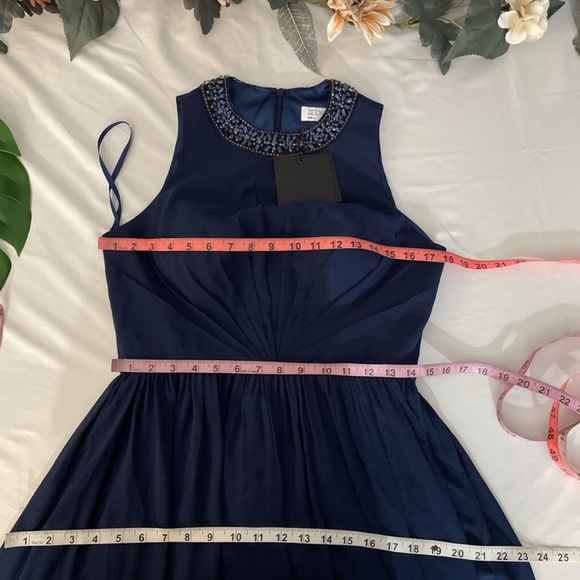 NWT $338 leena for Mac‎ Duggal [ 8 ] Embellished High Neck Pleated Gown Blue - Picture 5 of 15